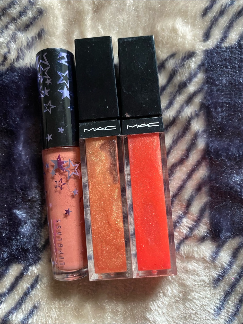 MAC Cosmetics Lip Gloss Trio — Nude Pink, Shimmery Bronze, Bright Coral-Red